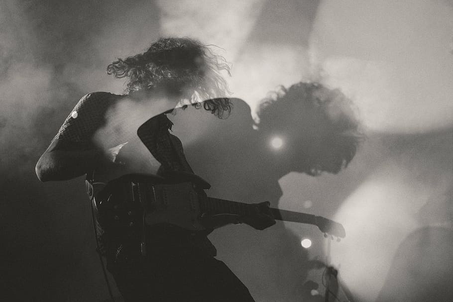 man playing electric guitar, silhouette, person, people, musician, HD wallpaper