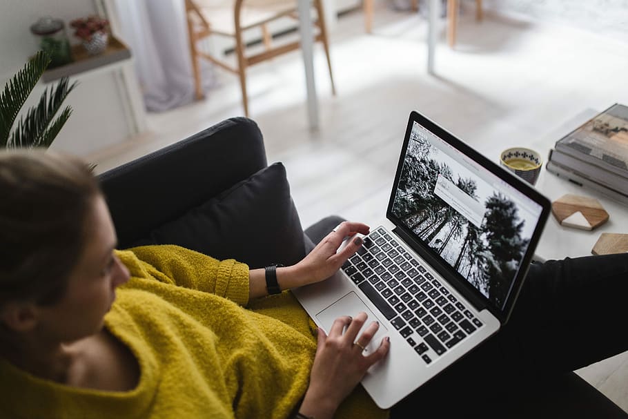 Young woman sitting on the sofa and working on her laptop, caucasian, HD wallpaper