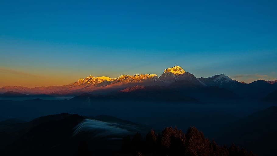 photo of clear sky over the mountains, sunset, dawn, panoramic, HD wallpaper