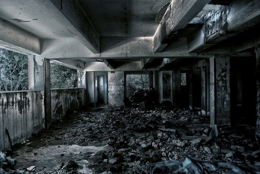 abandoned concrete building surrounded with dirt, rocks and trees during daytime, HD wallpaper
