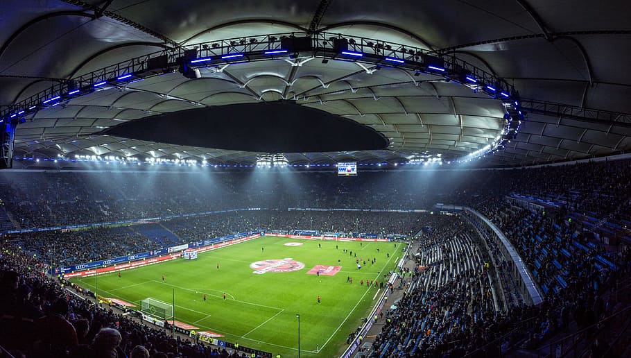 high angel photography of football stadium, soccer stadium, night, HD wallpaper