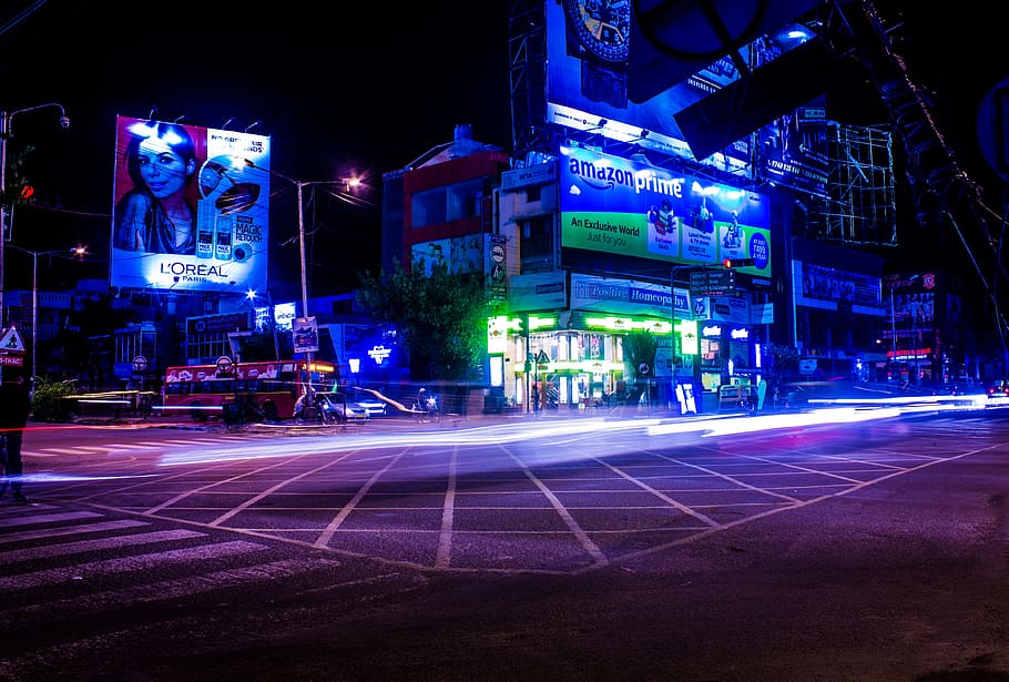 Photo of buildings during night time, time lapse photography of cars on road, HD wallpaper